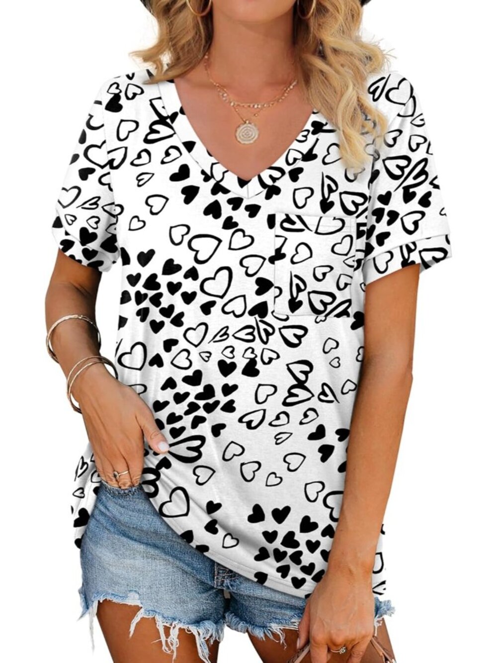 Women's Unique Lovely Love T Shirts Short Sleeve V Neck Loose Casual Summer Tops
